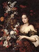 Gaspar Peeter Verbrugghen the younger A still life of various flowers with a young lady beside an urn painting